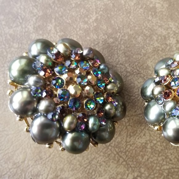 RARE VINTAGE STATEMENT JOSE & MARIA BARRERA PEARL STONE CRYSTAL FLOWER EARRINGS - Picture 3 of 12